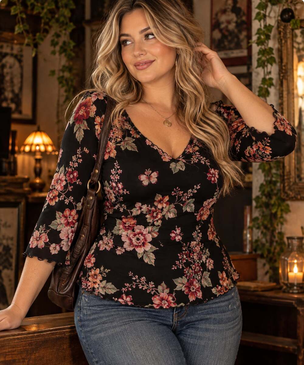 Vintage Y2K BIYAYCDA 2X Black Floral 3/4 Sleeve Whimsigoth Top Made in USA